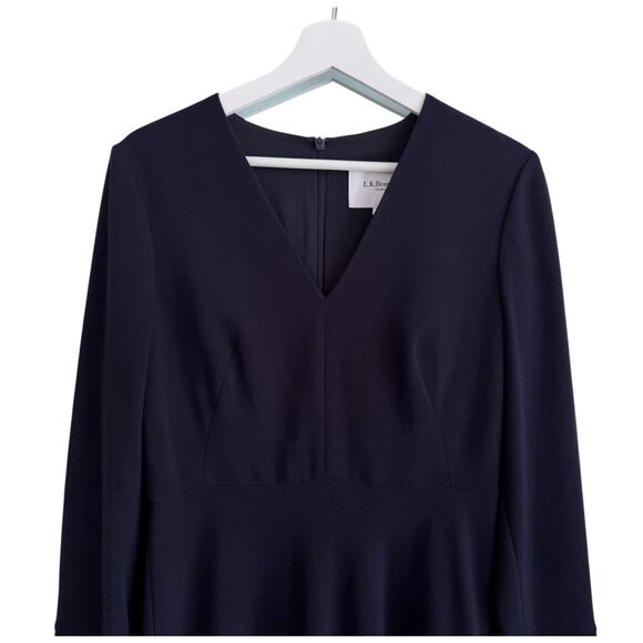 L.K. Bennett Amana Dress Size US 8 Navy Fit & Flare Long Sleeve V-Neck - Picture 4 of 7